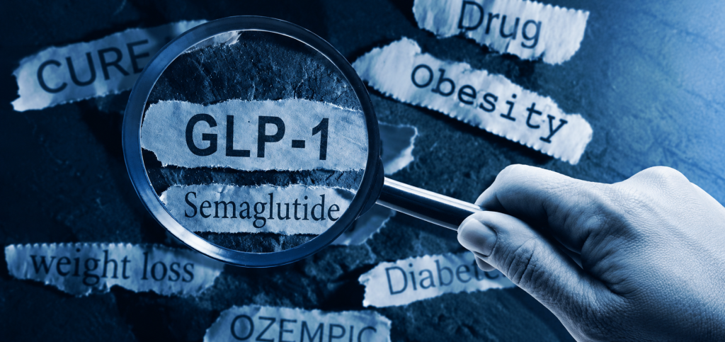 Lupa destaca a expressão “GLP-1” entre referências a semaglutida, obesidade, diabetes e perda de peso.